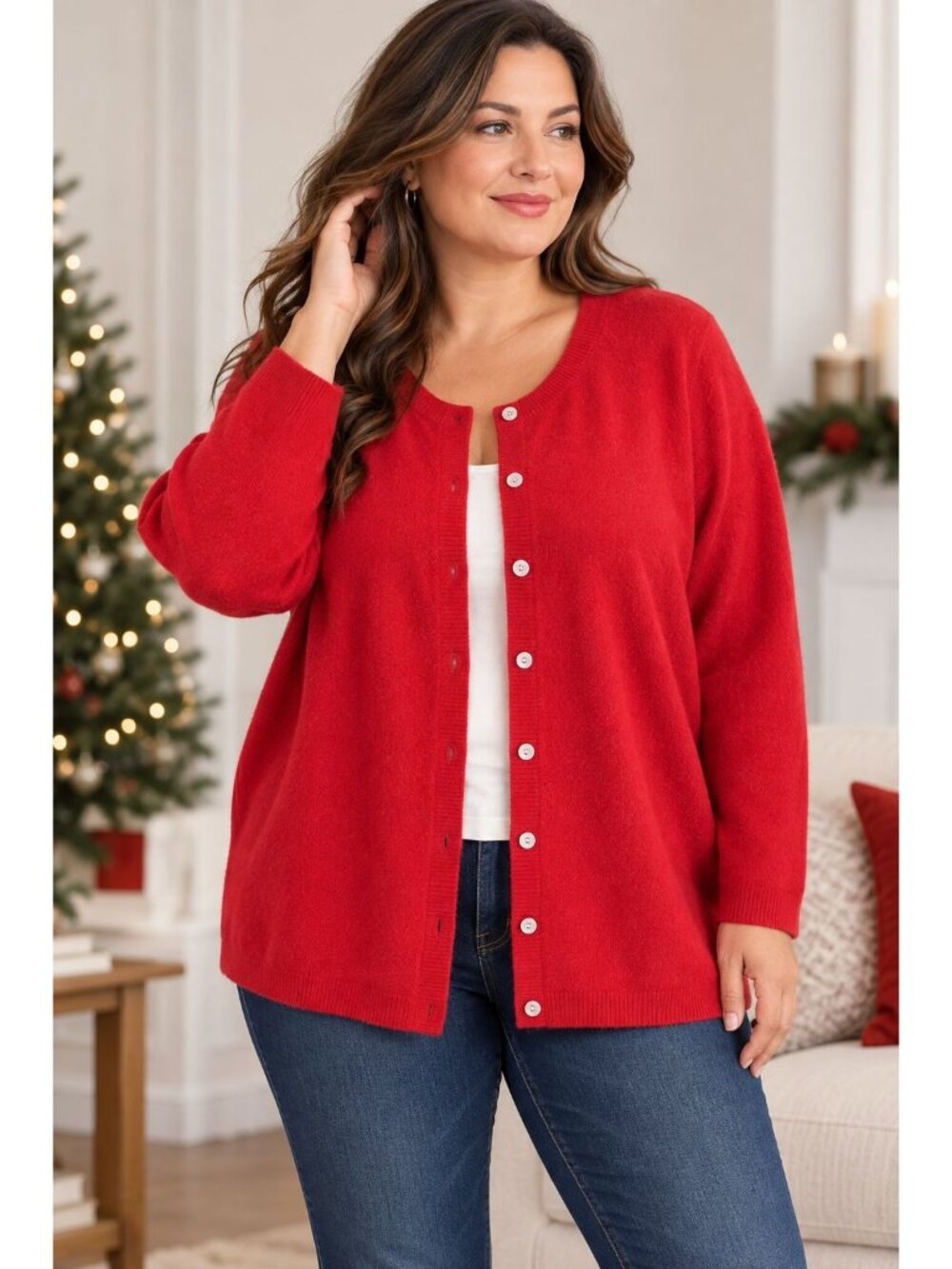 Land's End Red 100% Cashmere knit button-down cardigan sweater Size 3X Holiday